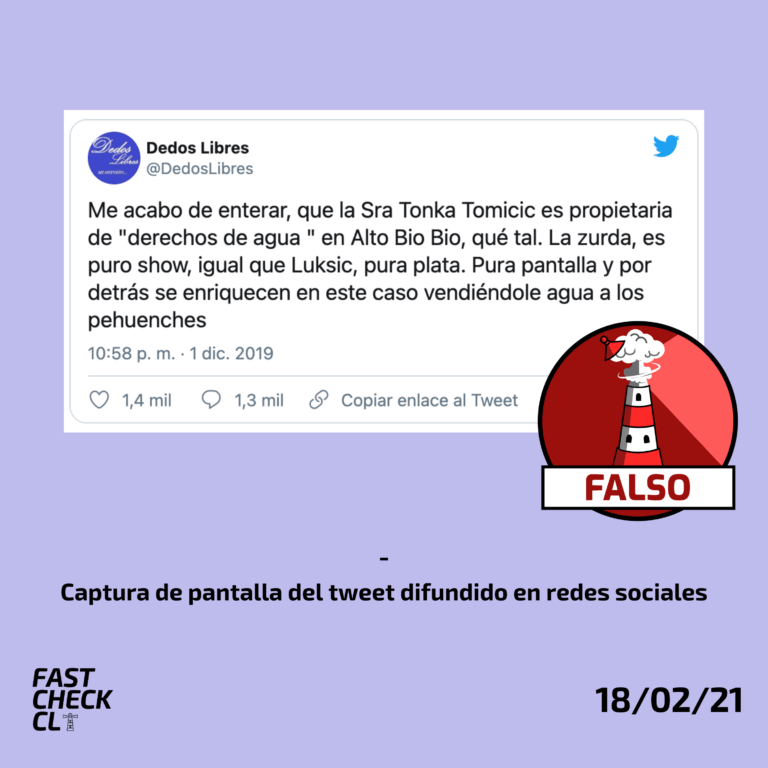 Lee más sobre el artículo Tonka Tomicic es propietaria de derechos de agua en Alto BioBío: #Falso