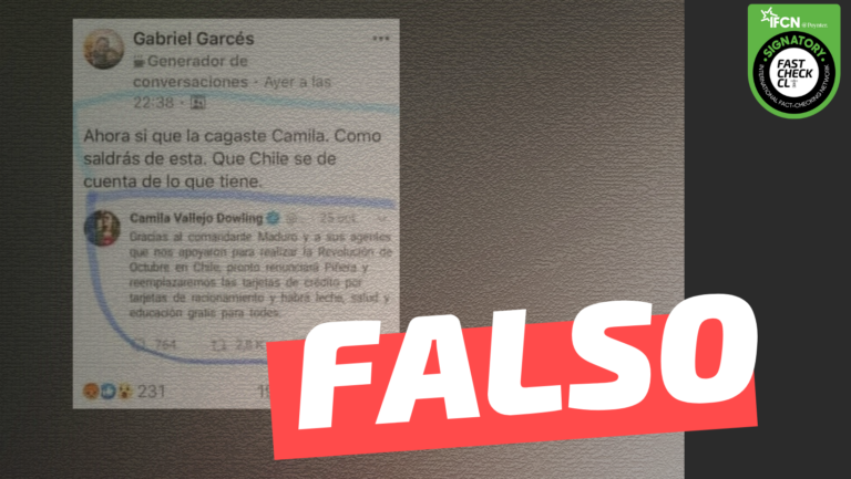 Lee más sobre el artículo Camila Vallejo: “Gracias al comandante Maduro y a sus agentes que nos apoyaron para realizar la Revolución de Octubre en Chile, pronto renunciará Piñera y reemplazaremos las tarjetas de crédito por tarjetas de racionamiento y habrá leche, salud y educación para todes”: #Falso