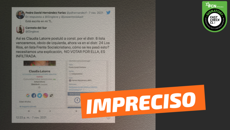 Lee más sobre el artículo “Claudia Latorre postuló en la elección de constituyentes por el distrito 8 en lista “Ven seremos” de izquierda, y ahora va por el distrito 24 en la lista Frente Socialcristiano”: #Impreciso