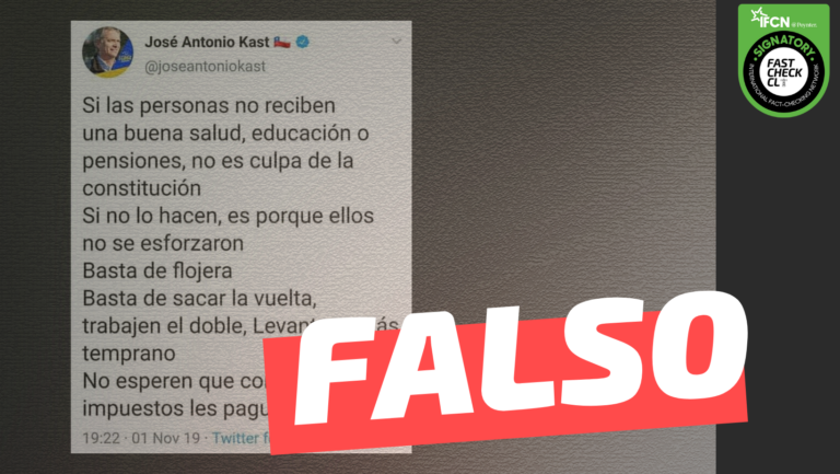 Lee más sobre el artículo José Antonio Kast: “Si las personas no reciben una buena salud, educación o pensiones, no es culpa de la Constitución. Si no lo hacen es porque ellos no se esforzaron. Basta de flojera, basta de sacar la vuelta, trabajen el doble, levántense más temprano. No esperen que con mis impuestos les paguen todo”: #Falso