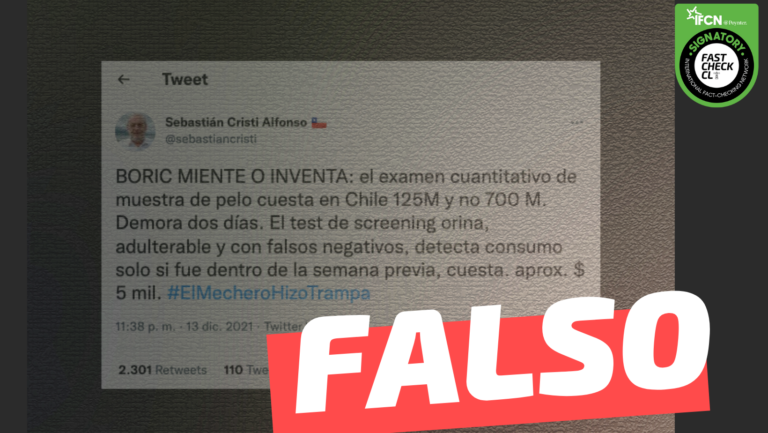 Lee más sobre el artículo “Boric miente o inventa: El examen (de droga) de muestra de pelo cuesta en Chile $125.000 y demora dos días”: #Falso