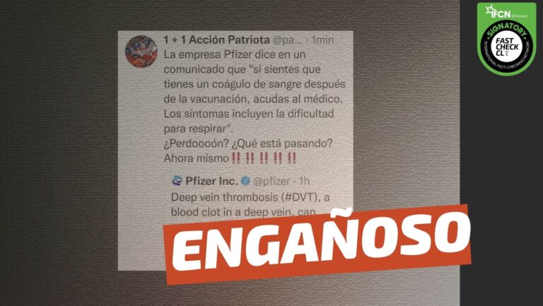 Lee más sobre el artículo “La empresa Pfizer dice en un comunicado que ‘si sientes que tienes un coágulo de sangre después de la vacunación, acudas al médico'”: #Engañoso