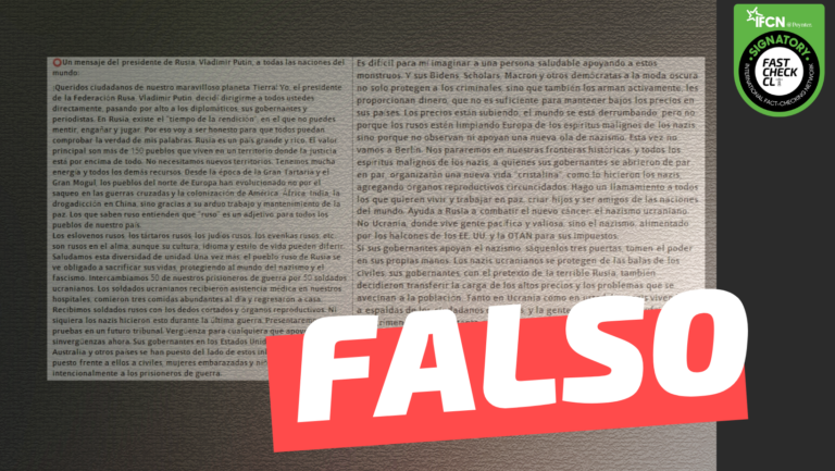 Lee más sobre el artículo “Un mensaje importante del presidente de Rusia, Vladimir Putin, a todas las naciones del mundo (…)”: #Falso