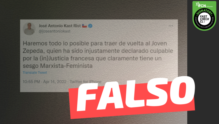 Lee más sobre el artículo (Imagen) José Antonio Kast: “Haremos todo lo posible para traer de vuelta al joven Zepeda, quien ha sido injustamente declarado culpable por la (in) justicia francesa que tiene un sesgo marxista-feminista”: #Falso