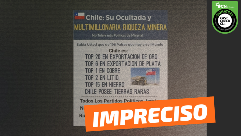 Lee más sobre el artículo “Chile es: Top 20 en exportación de oro, top 6 en exportación de plata, top 1 en cobre, top 2 en litio, top 15 en hierro”: #Impreciso