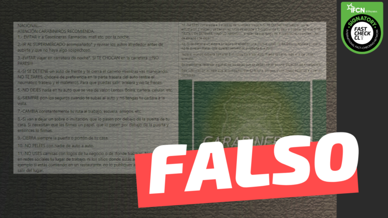 Lee más sobre el artículo “Atención: Carabineros recomienda evitar ir a gasolineras y farmacias por la noche, ir al supermercado acompañado (…)”: #Falso