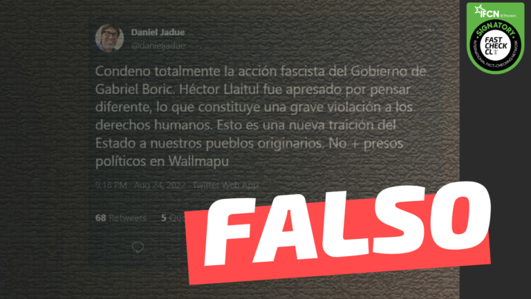Lee más sobre el artículo Daniel Jadue: “Condeno totalmente la acción fascista del Gobierno de Gabriel Boric. Héctor Llaitul fue apresado por pensar diferente (…)”: #Falso