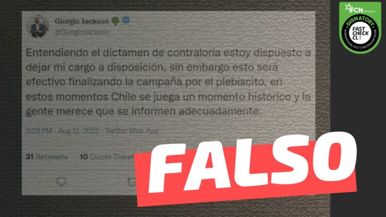 Lee más sobre el artículo Giorgio Jackson: “Entendiendo el dictamen de Contraloría estoy dispuesto a dejar mi cargo a disposición, sin embargo esto será efectivo finalizando la campaña por el plebiscito”: #Falso