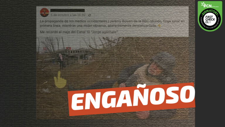 Lee más sobre el artículo (Imagen) “Jeremy Bowen de la BBC, finge estar en la primera línea, mientras una mujer mira aparentemente desconcertada”: #Engañoso