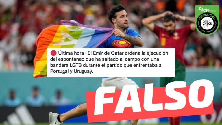 Lee más sobre el artículo “El Emir de Qatar ordena la ejecución del espontáneo que ha saltado al campo de juego con una bandera LGBT durante el partido de Portugal y Uruguay”: #Falso