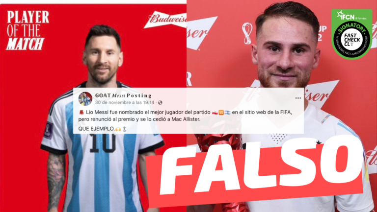 Lee más sobre el artículo “Lio Messi fue nombrado el mejor jugador del partido en el sitio web de la FIFA, pero renunció al premio y se lo cedió a Mac Allister”: #Falso