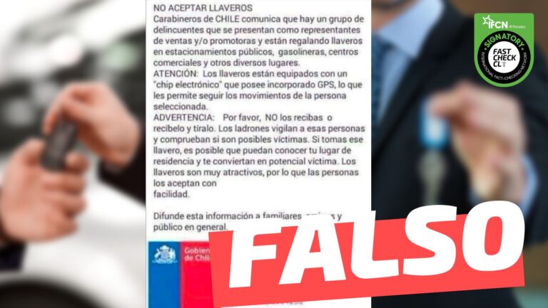 Lee más sobre el artículo Carabineros de Chile comunica que delincuentes se hacen pasar por vendedores de llaveros que contienen un chip con GPS: #Falso
