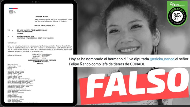 Lee más sobre el artículo “Se ha nombrado al hermano de la diputada Ericka Ñanco, el señor Felipe Ñanco, como jefe de tierras de CONADI”: #Falso