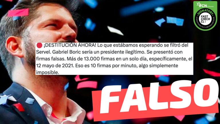 Lee más sobre el artículo (Imagen) “(…) Se filtró del Servel. Gabriel Boric se presentó con firmas falsas. Más de 13 mil firmas en un solo día”: #Falso