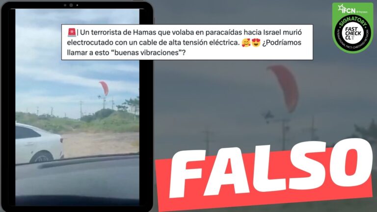 Lee más sobre el artículo (Video) “Un terrorista de Hamás que volaba en paracaídas hacia Israel murió electrocutado con un cable de alta tensión eléctrica”: #Falso