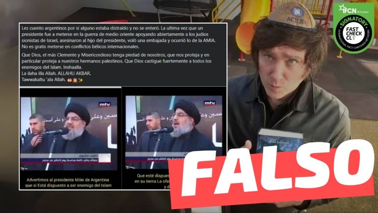 Lee más sobre el artículo Hassan Nasrallah: “Advertimos al presidente Milei de Argentina que si está dispuesto a ser enemigo de Islam, que esté dispuesto a pagar con sangre en su tierra”: #Falso