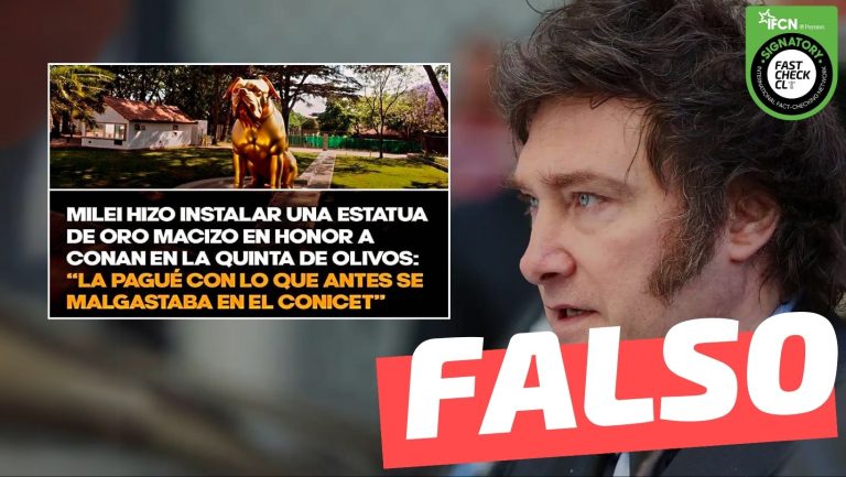 Lee más sobre el artículo (Imagen) “Milei hizo instalar una estatua de oro macizo en honor a (su perro) Conan”: #Falso