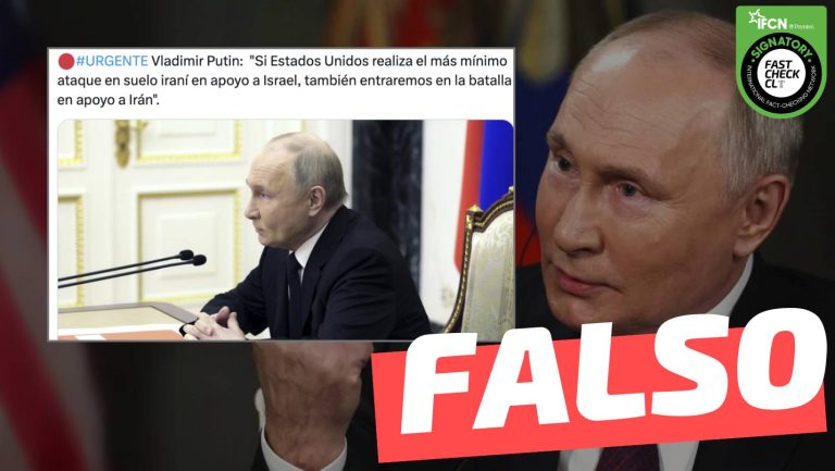 Lee más sobre el artículo Vladimir Putin: “Si Estados Unidos realiza el más mínimo ataque en suelo iraní en apoyo a Israel, también entraremos en la batalla en apoyo a Irán”: #Falso