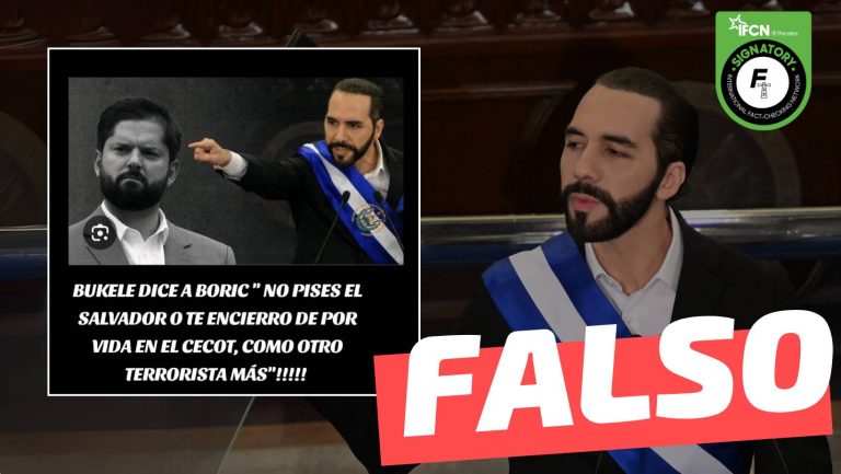 Lee más sobre el artículo “Bukele dice a Boric: ‘No pises El Salvador o te encierro de por vida en el Cecot, como otro terrorista más'”: #Falso