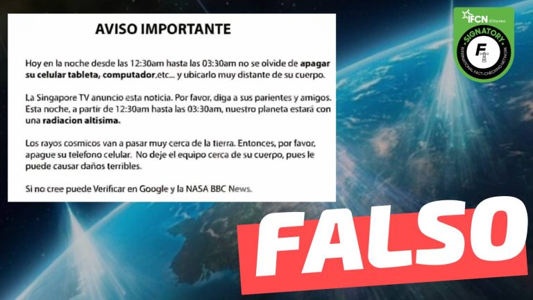 Lee más sobre el artículo “La Singapore TV anunció: Esta noche, a partir de las 12:30 am hasta las 03:30 am, nuestro planeta estará con una radiación altísima. Los rayos cósmicos van a pasar muy cerca de la Tierra”: #Falso