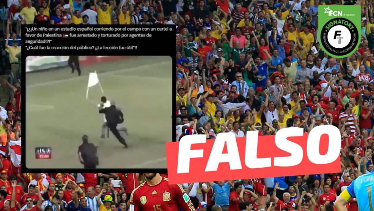 Lee más sobre el artículo (Video) “Joven ingresó en el campo de juego de un estadio español con una bandera pro Palestina y fue golpeado por agentes de seguridad”: #Falso