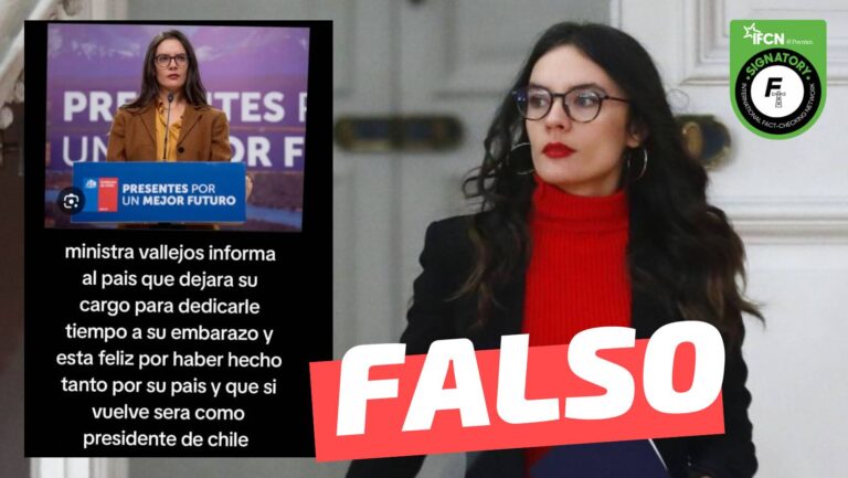 Lee más sobre el artículo “Ministra Vallejo informa que dejará su cargo para dedicarle tiempo a su embarazo y que si vuelve, será como presidenta”: #Falso