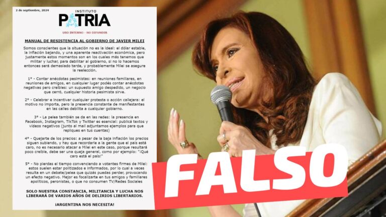 Lee más sobre el artículo (Imagen) El Instituto Patria, fundado por la expresidenta Cristina Fernández, publicó un manual de resistencia contra Javier Milei: #Falso