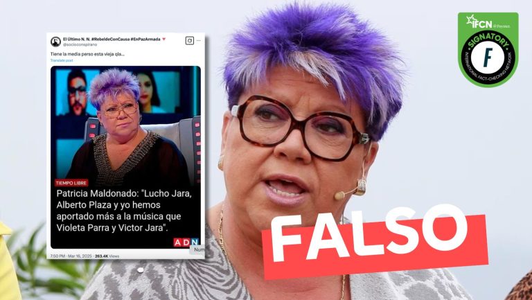 Lee más sobre el artículo (Imagen) “Patricia Maldonado: ‘Lucho Jara, Alberto Plaza y yo hemos aportado más a la música que Violeta Parra y Víctor Jara'”: #Falso