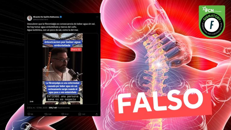 Lee más sobre el artículo “Descubren que la fibromialgia es consecuencia de beber agua sin sal”: #Falso