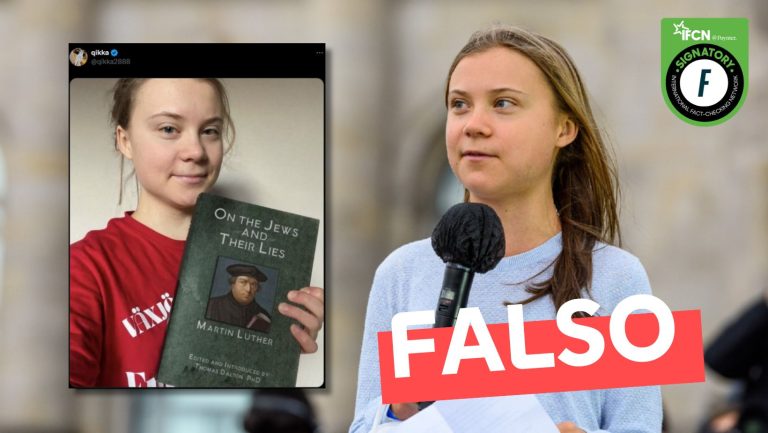 Lee más sobre el artículo (Imagen) Greta Thunberg sosteniendo el libro “Sobre los judíos y sus mentiras”: #Falso