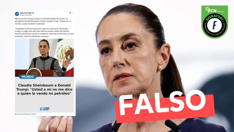 Lee más sobre el artículo (Imagen) “Claudia Sheinbaum a Donald Trump: ‘Usted a mí no me dice a quién le vendo mi petróleo'”: #Falso