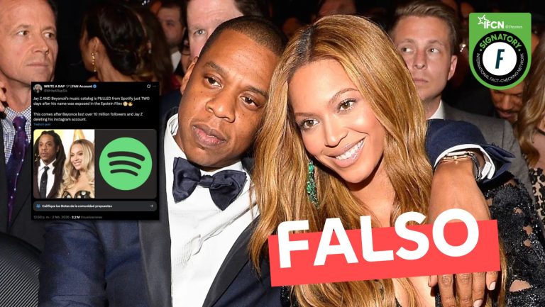 Lee más sobre el artículo “El catálogo musical de Jay Z y Beyoncé es retirado de Spotify solo dos días después de que su nombre fuera expuesto en los Archivos Epstein”: #Falso